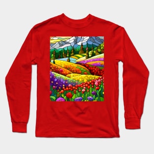 Stained Glass Colorful Mountain Flowers Long Sleeve T-Shirt